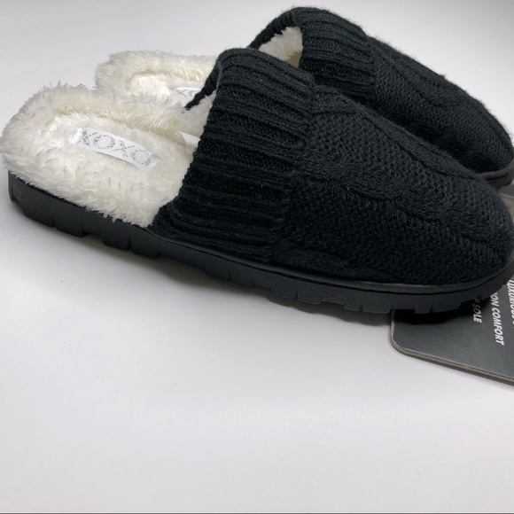 XOXO Black Cable Knit and White Faux Fur Mule Style Slippers Loungewear Sz S 5-6 - Picture 3 of 10